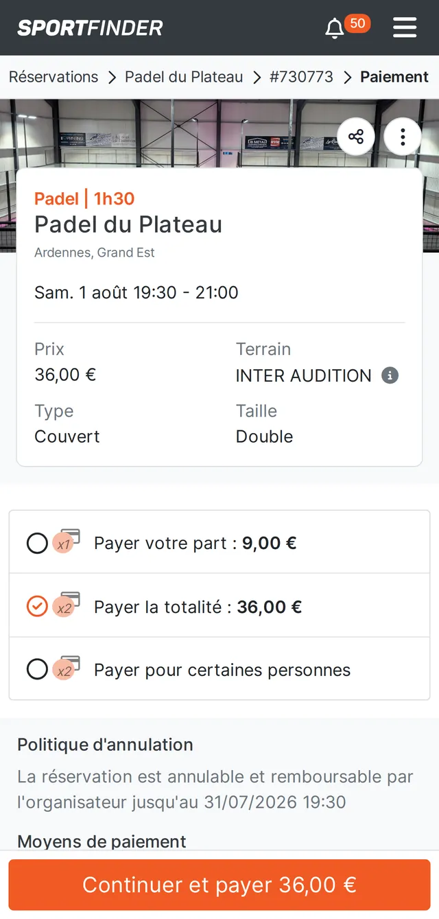 Le choix du mode de paiement chez Padel du Plateau, sur mobile : payer la totalité ou seulement sa part
