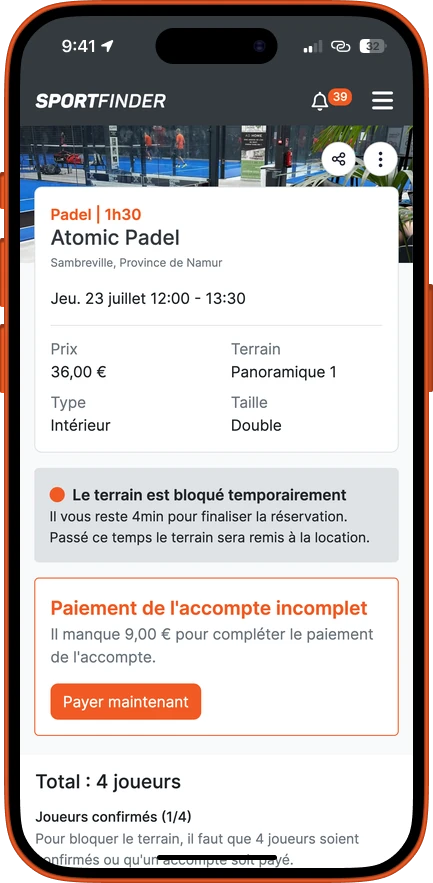 Le récapitulatif d'une réservation padel : club, terrain, date et prix