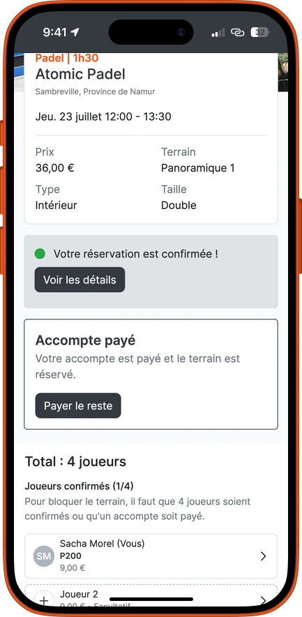 Une réservation de padel confirmée dans l'application