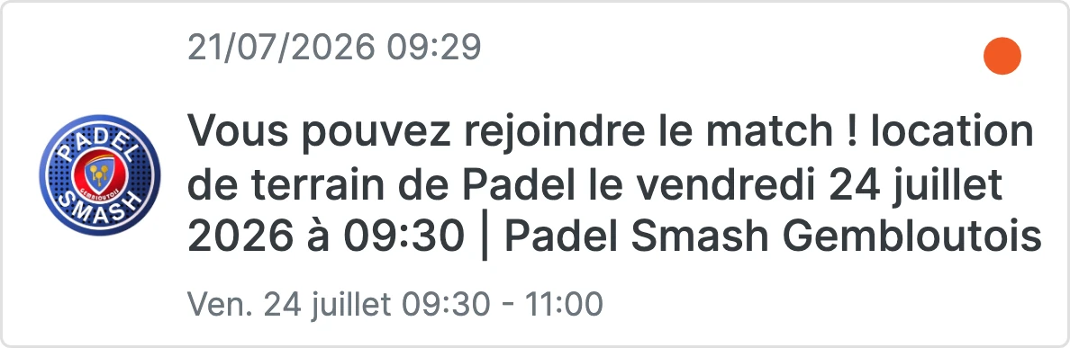Carte de notification : « Vous pouvez rejoindre le match ! », adressée au joueur accepté.
