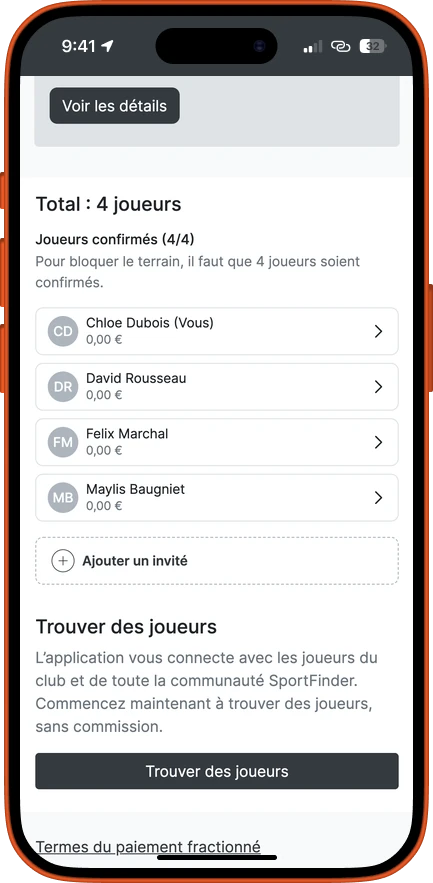 Le récapitulatif de la réservation : quatre joueurs confirmés sur quatre