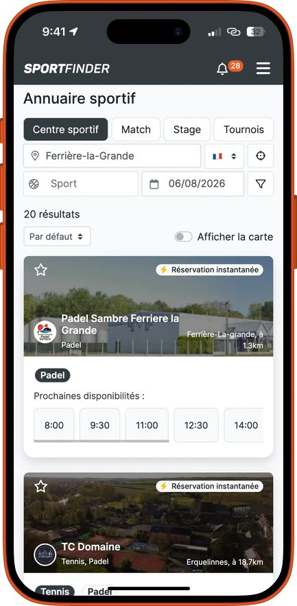 L’annuaire des clubs dans l’application SportFinder, avec les prochaines disponibilités affichées sur chaque fiche
