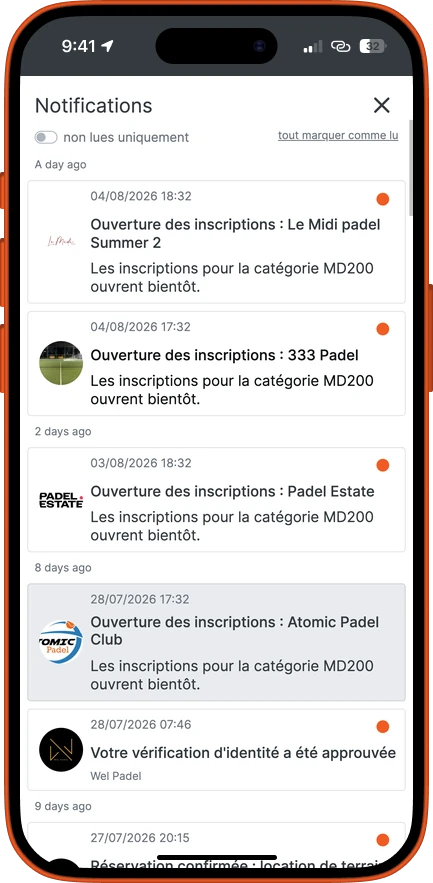 Le centre de notifications de l’application SportFinder : ouverture des inscriptions à un tournoi, réservation confirmée, vérification d’identité approuvée