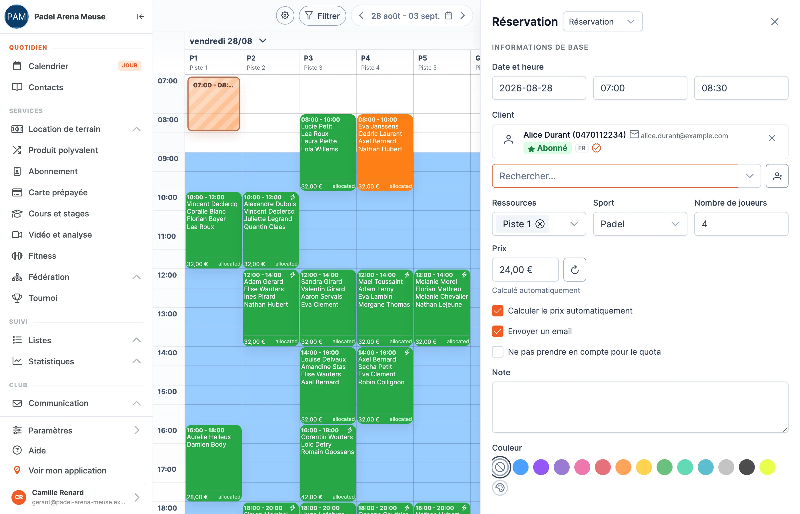 Le panneau de création de réservation du back-office, avec la recherche du client