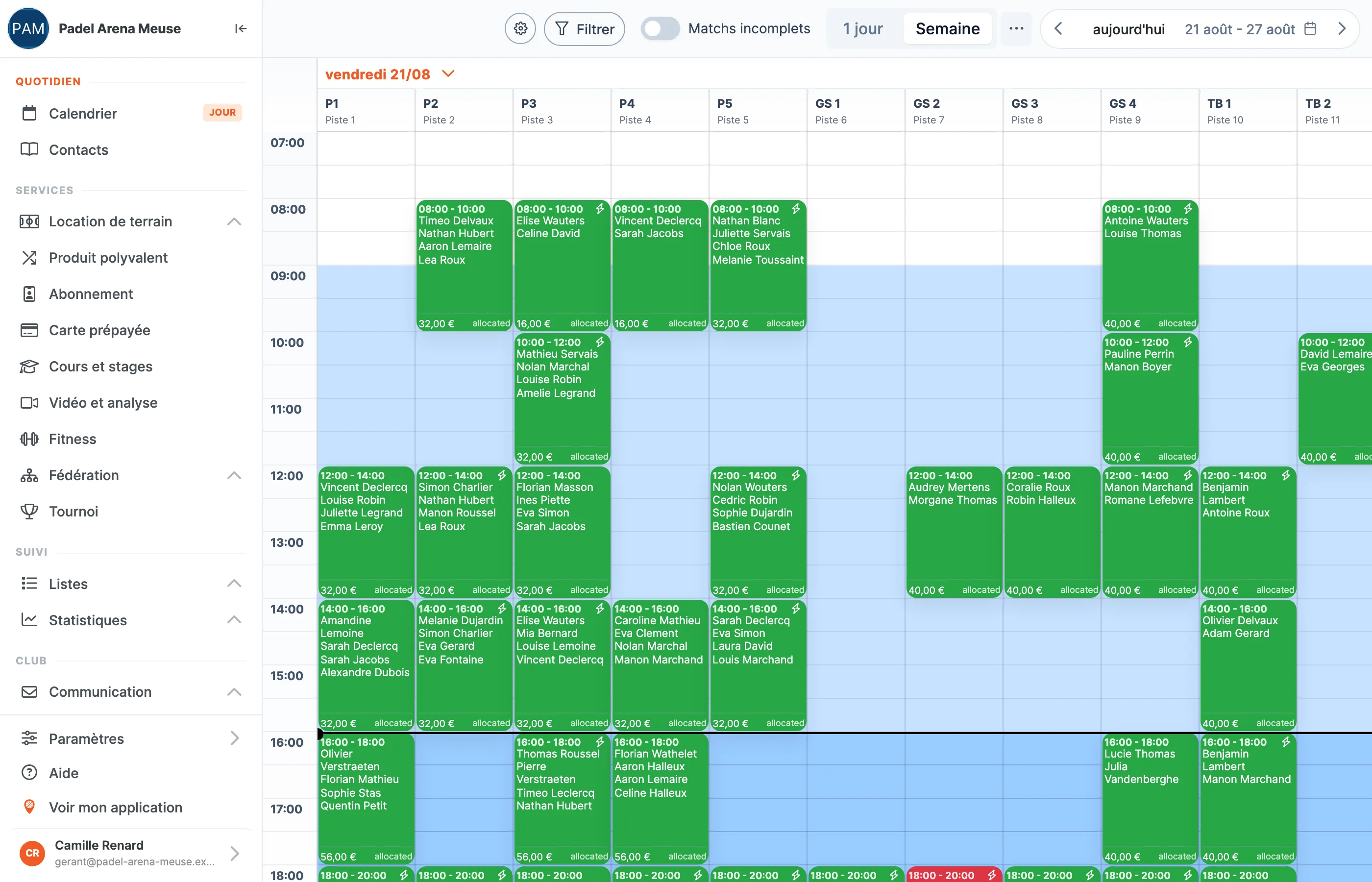 Le calendrier du back-office SportFinder en vue hebdomadaire