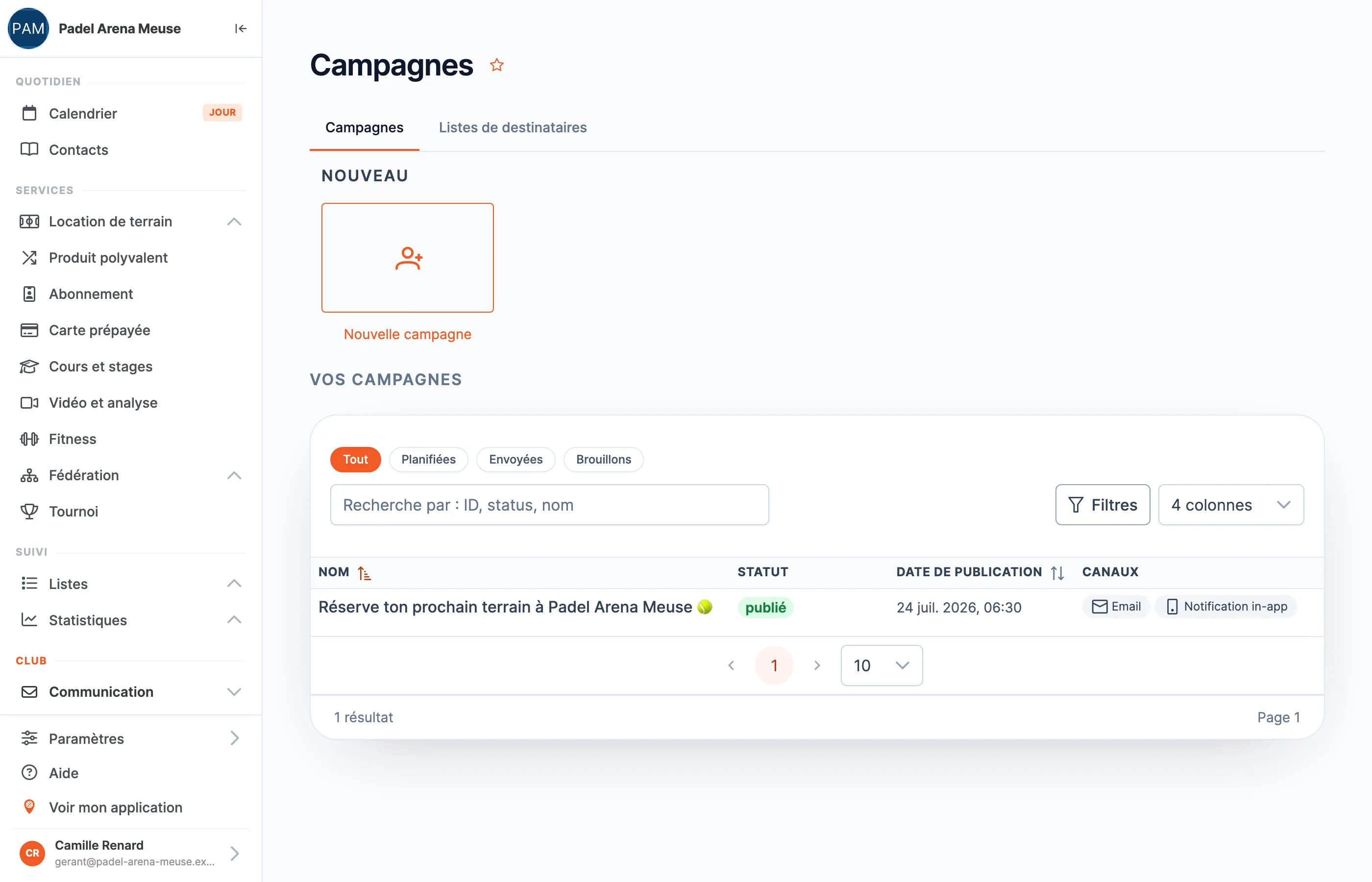 La page Campagnes du back-office SportFinder : une campagne « Réserve ton prochain terrain » publiée, envoyée par email et par notification in-app