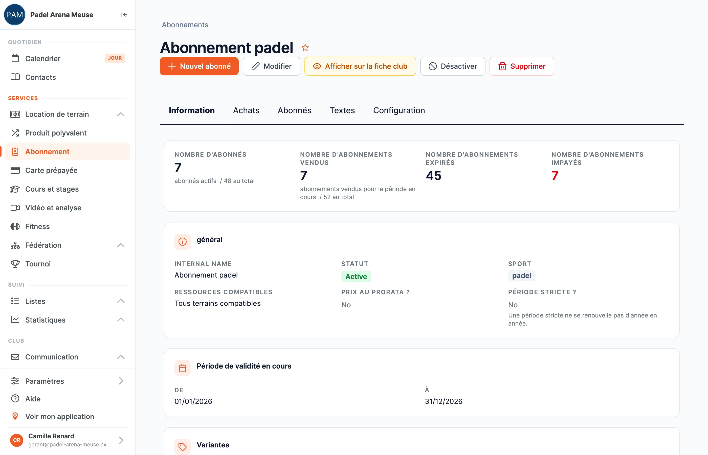 La fiche d'un abonnement dans le back-office : formules, tarifs et abonnés
