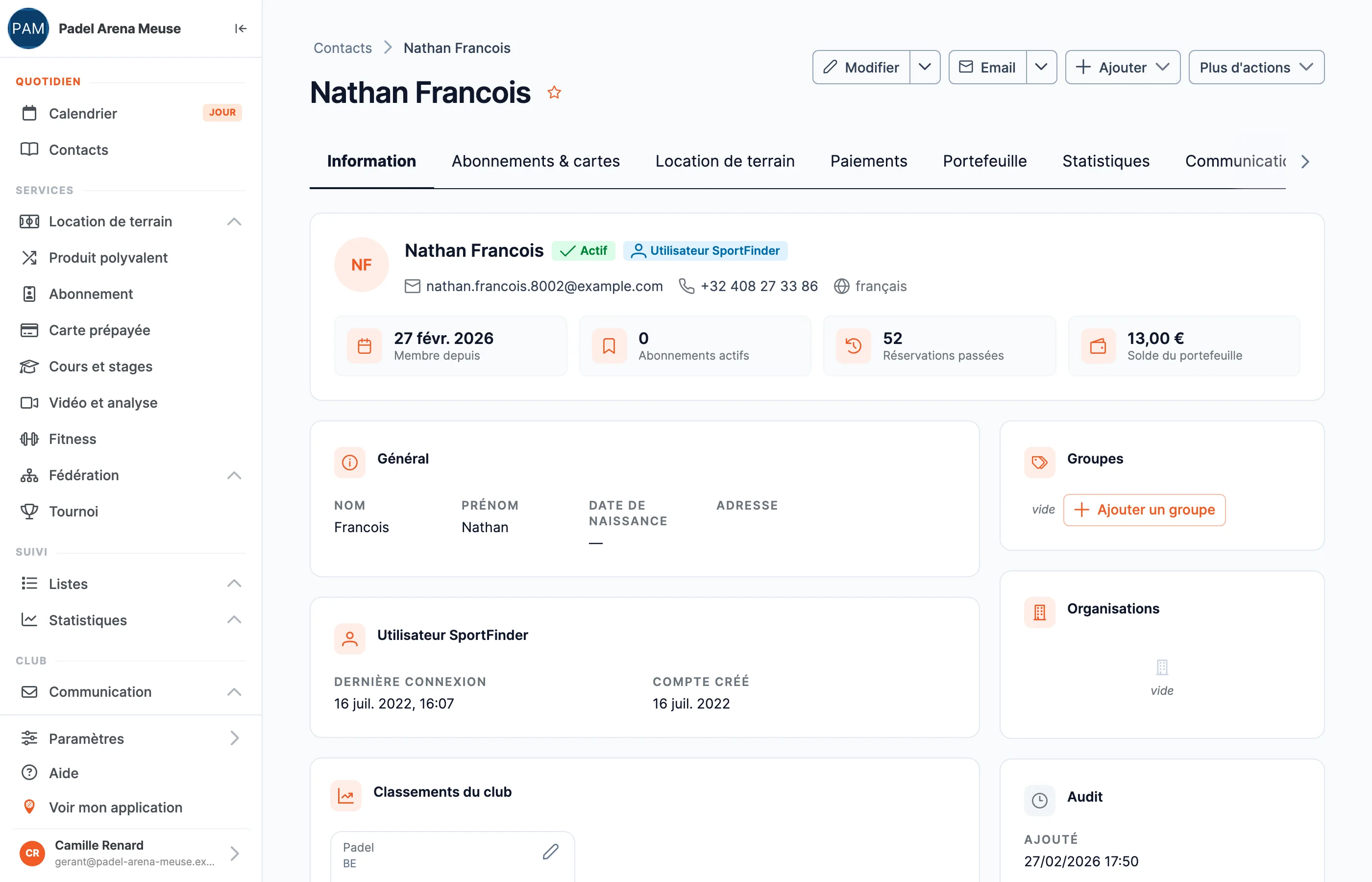 Une fiche client du back-office SportFinder : niveau, réservations, abonnements et statistiques