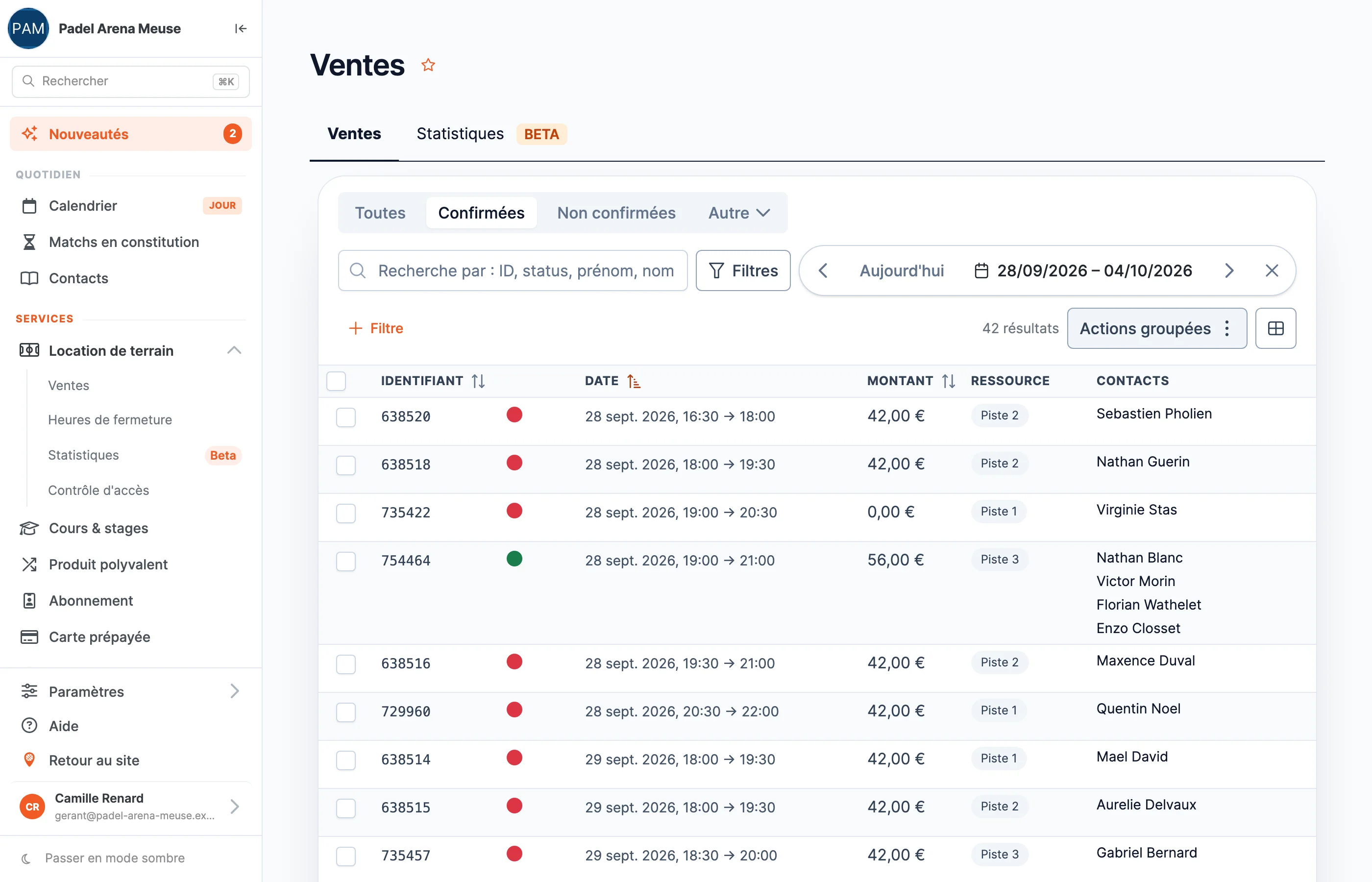 La liste des ventes dans SportFinder, filtrée sur les ventes confirmées de la semaine, avec le sélecteur de période en haut à droite