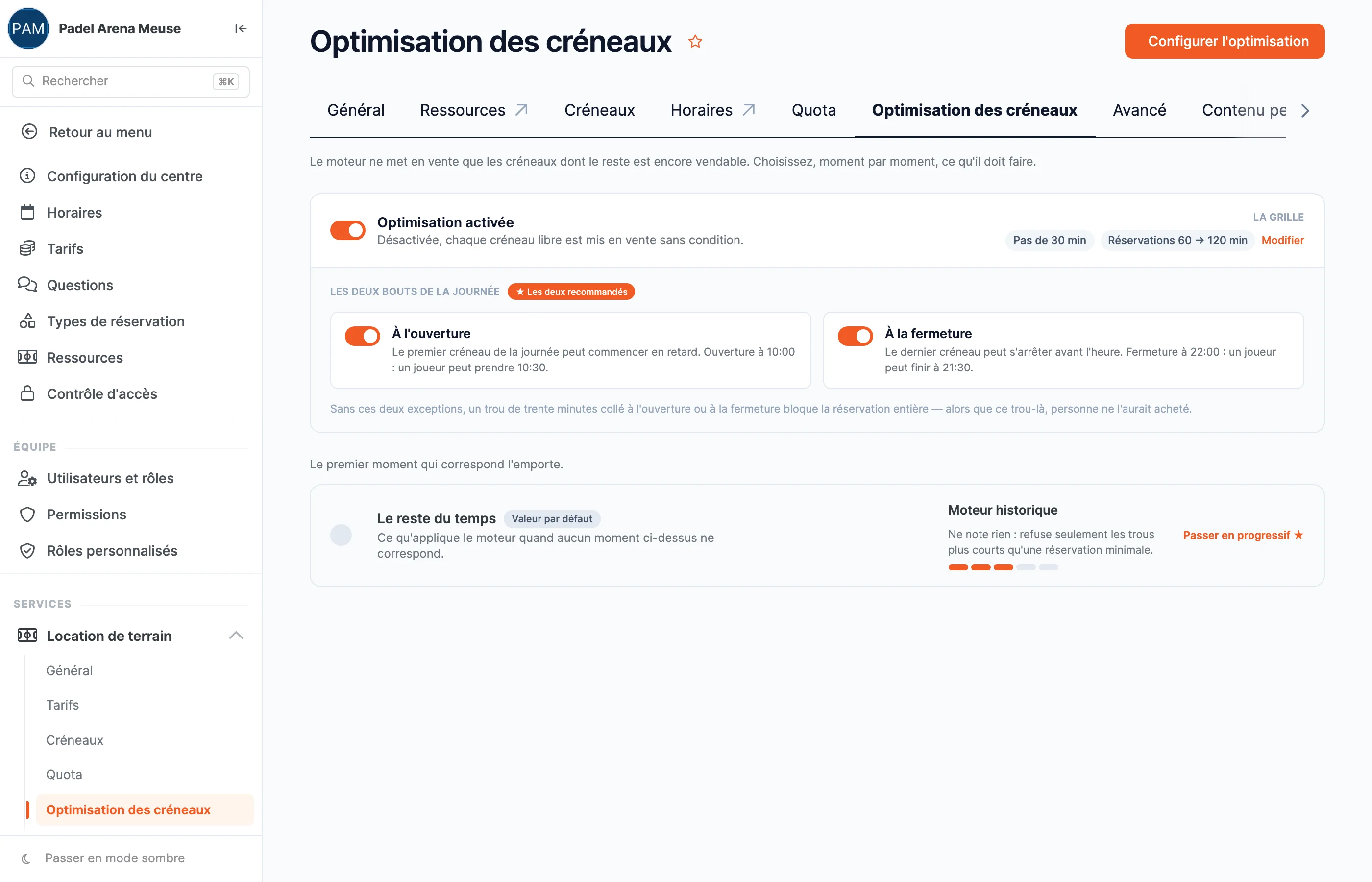L'écran Optimisation des créneaux dans SportFinder : l'optimisation activée, les deux exceptions à l'ouverture et à la fermeture, et le mode appliqué le reste du temps