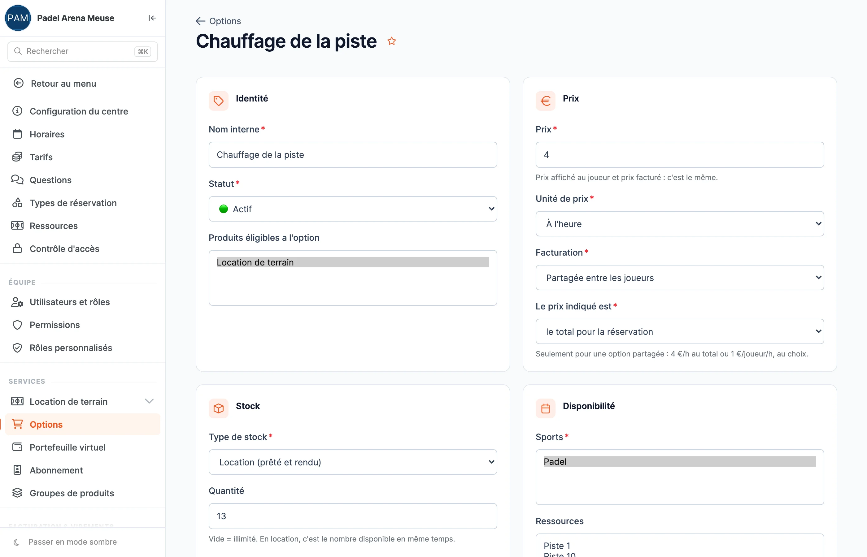 La fiche d'une option dans SportFinder : le chauffage de la piste, facturé à l'heure et partagé entre les joueurs, en location, avec sa quantité et les sports concernés