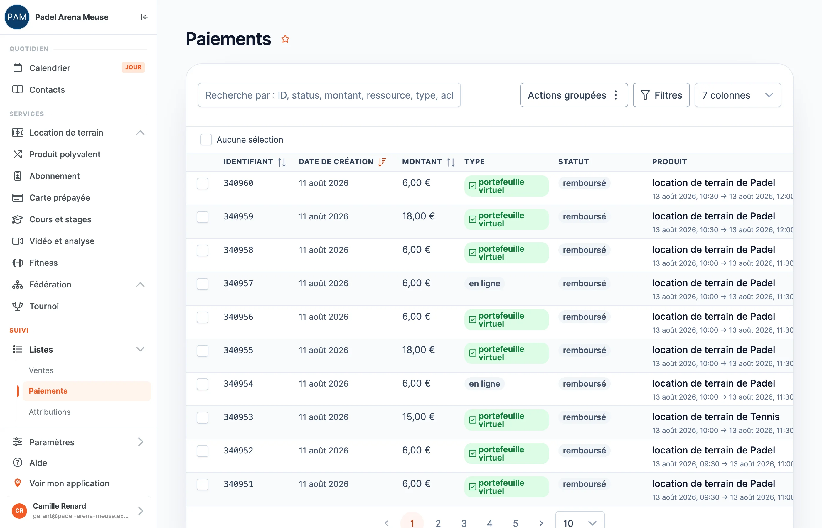 La liste des paiements du back-office SportFinder