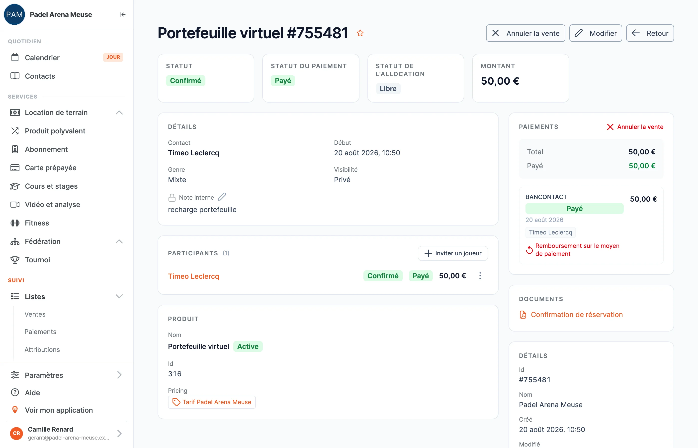 La fiche détaillée d’une vente dans le back-office SportFinder