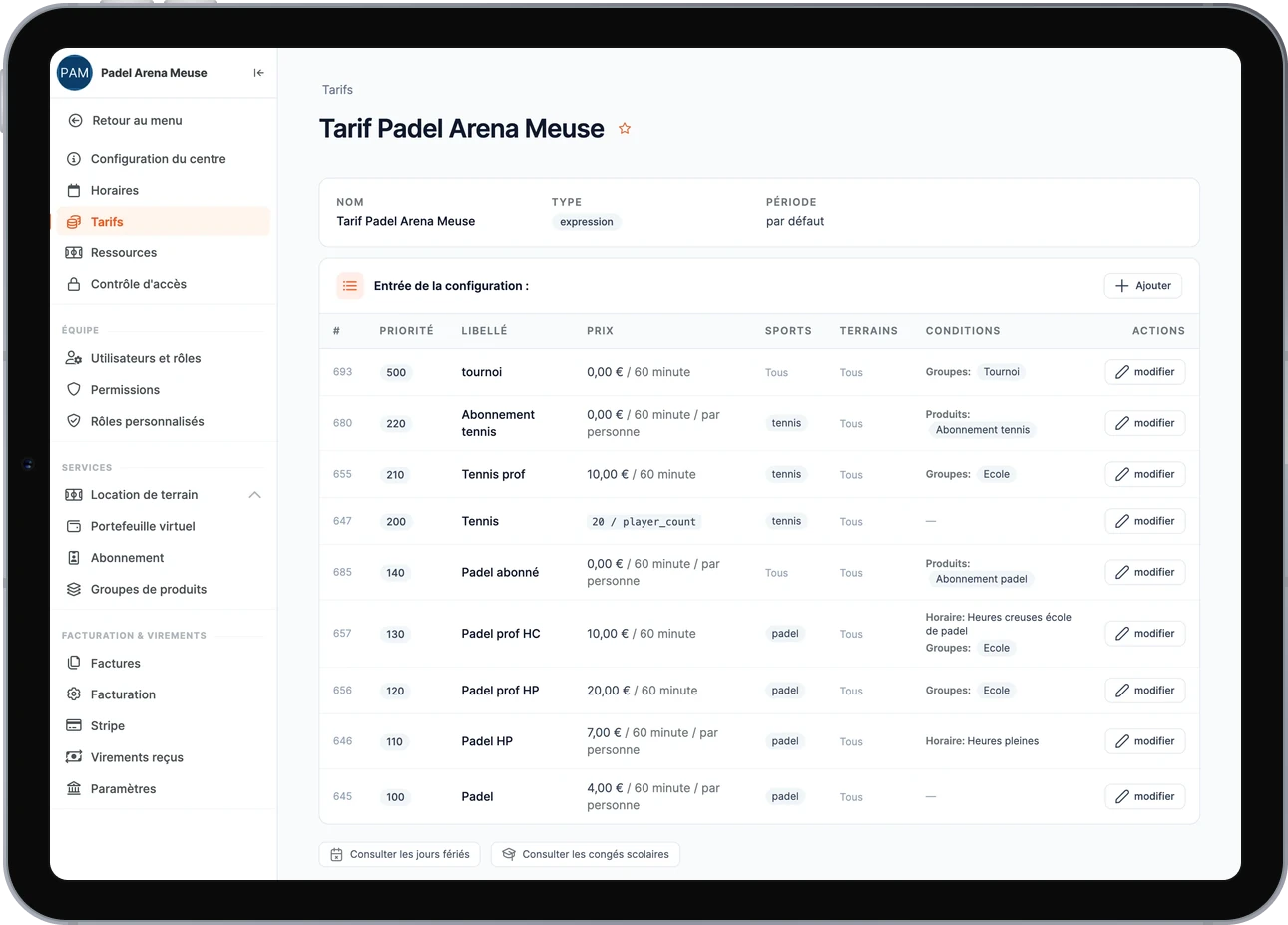 Une grille tarifaire dans le back-office SportFinder : des règles de prix classées par priorité, conditionnées par groupe de membres, abonnement détenu, sport et plage horaire