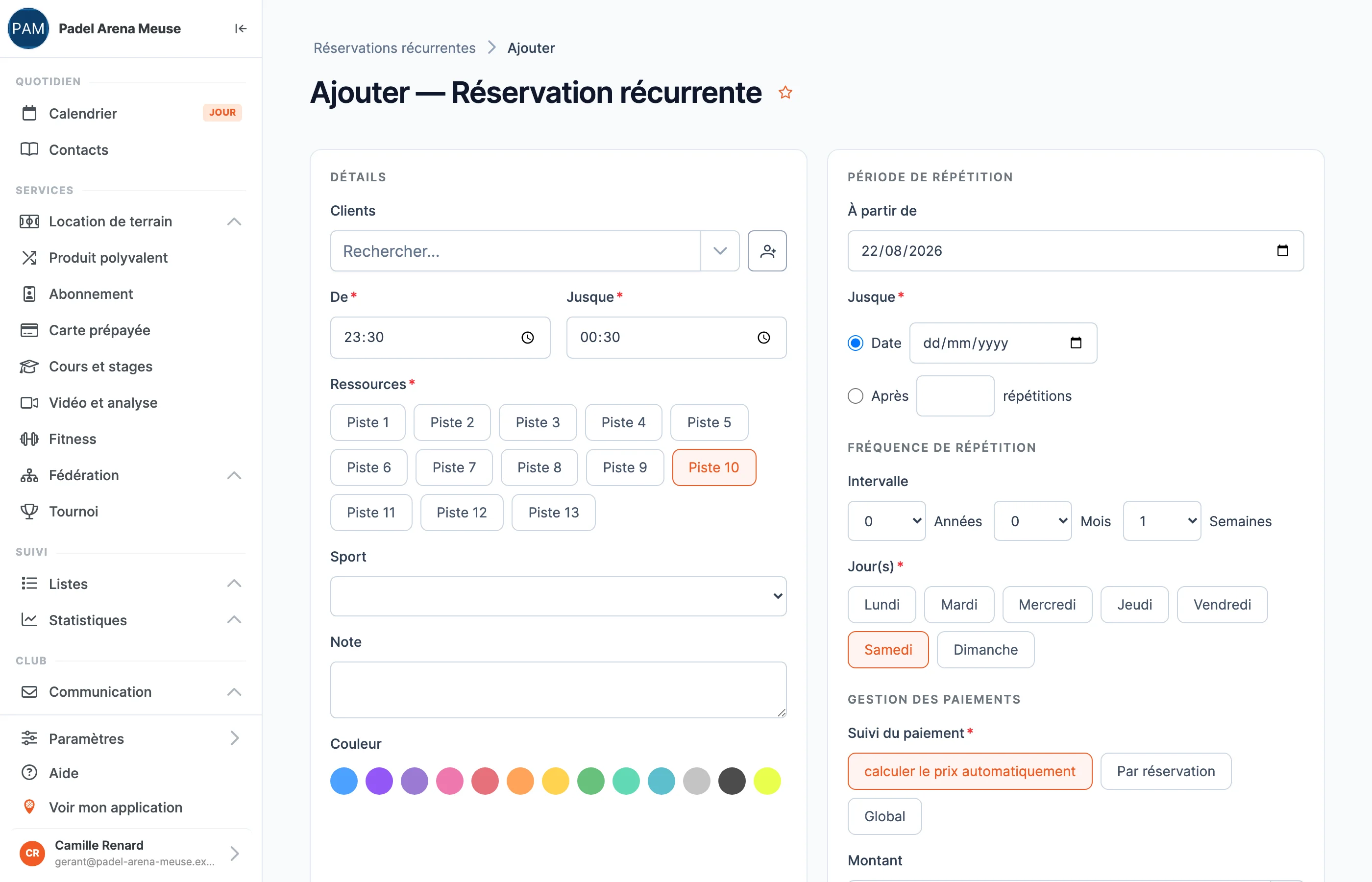 Le formulaire de création d’une réservation récurrente dans le back-office