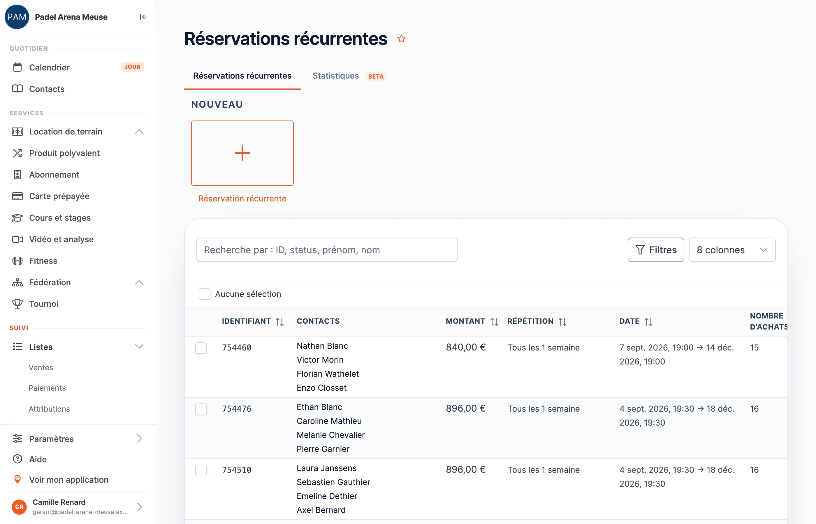 La liste des réservations récurrentes d’un club dans le back-office