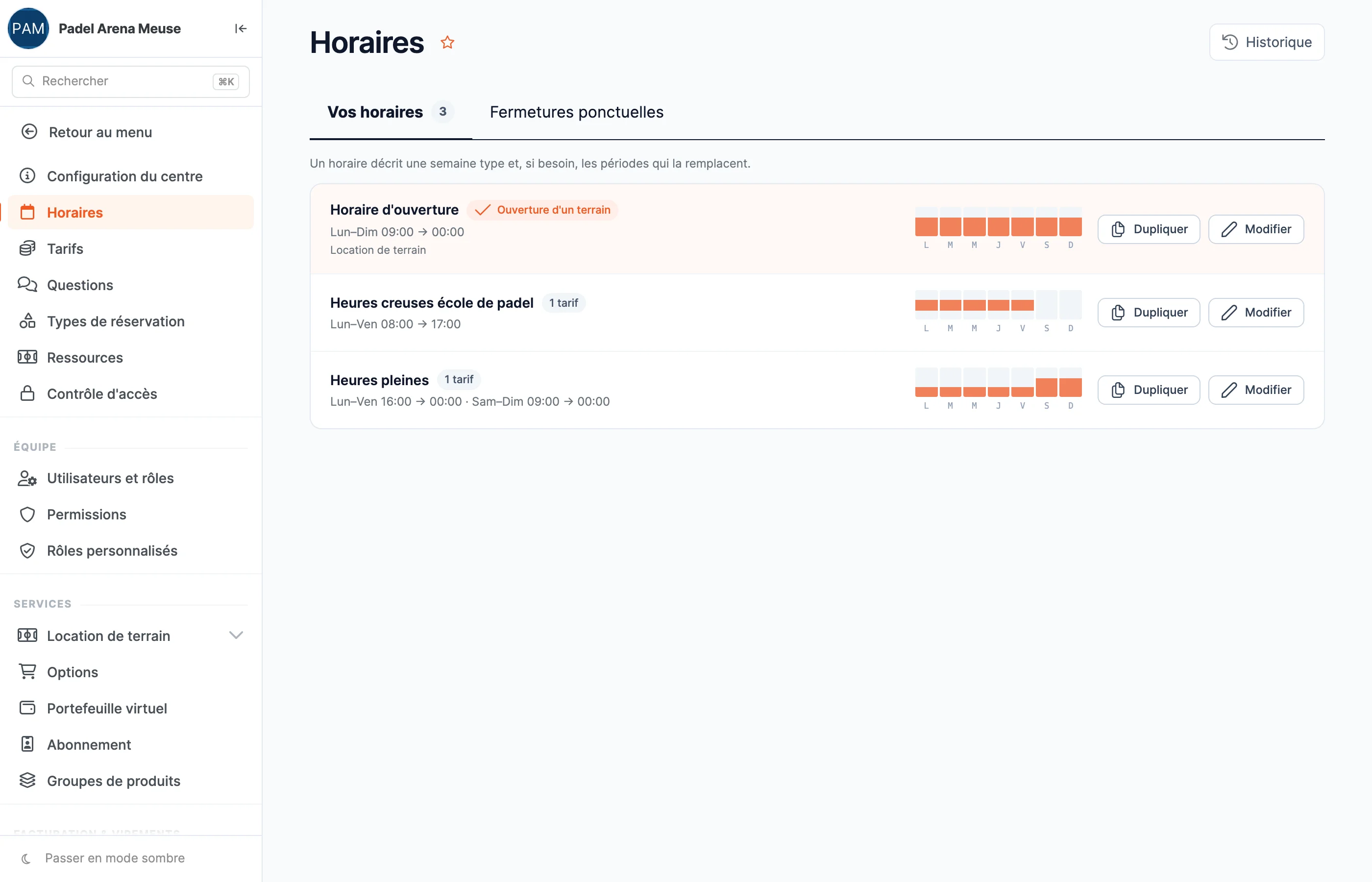 La page Horaires du back-office SportFinder : trois horaires avec leur semaine en miniature, et pour chacun les boutons Dupliquer et Modifier
