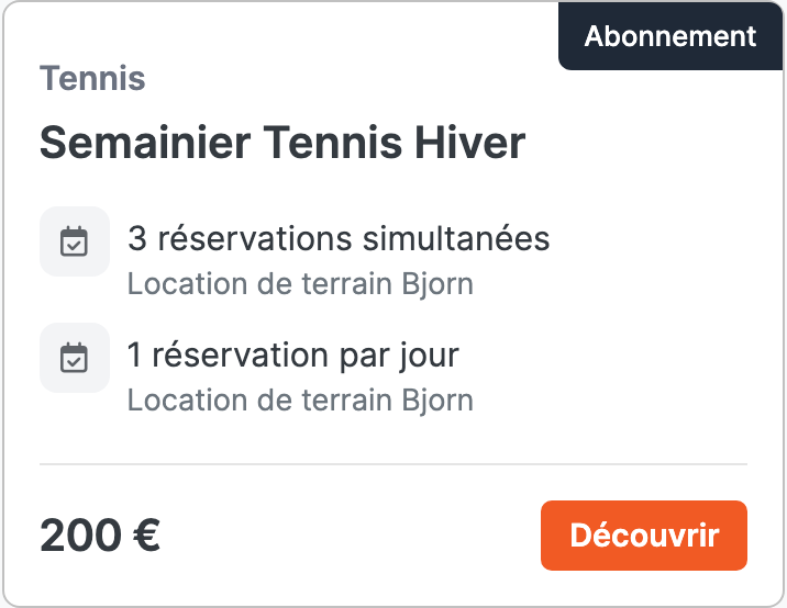 Carte produit « Semainier Tennis Hiver », 200 €, chez Bjorn's Club dans SportFinder