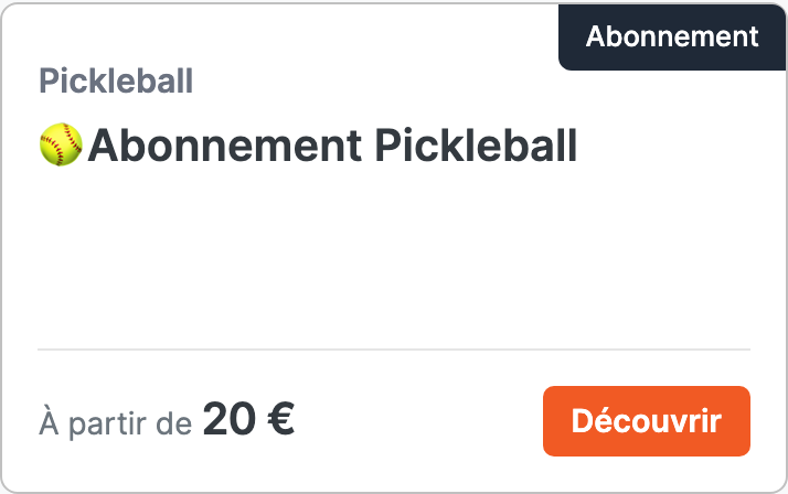 Carte produit « Abonnement Pickleball », à partir de 20 €, telle qu'affichée aux membres dans SportFinder