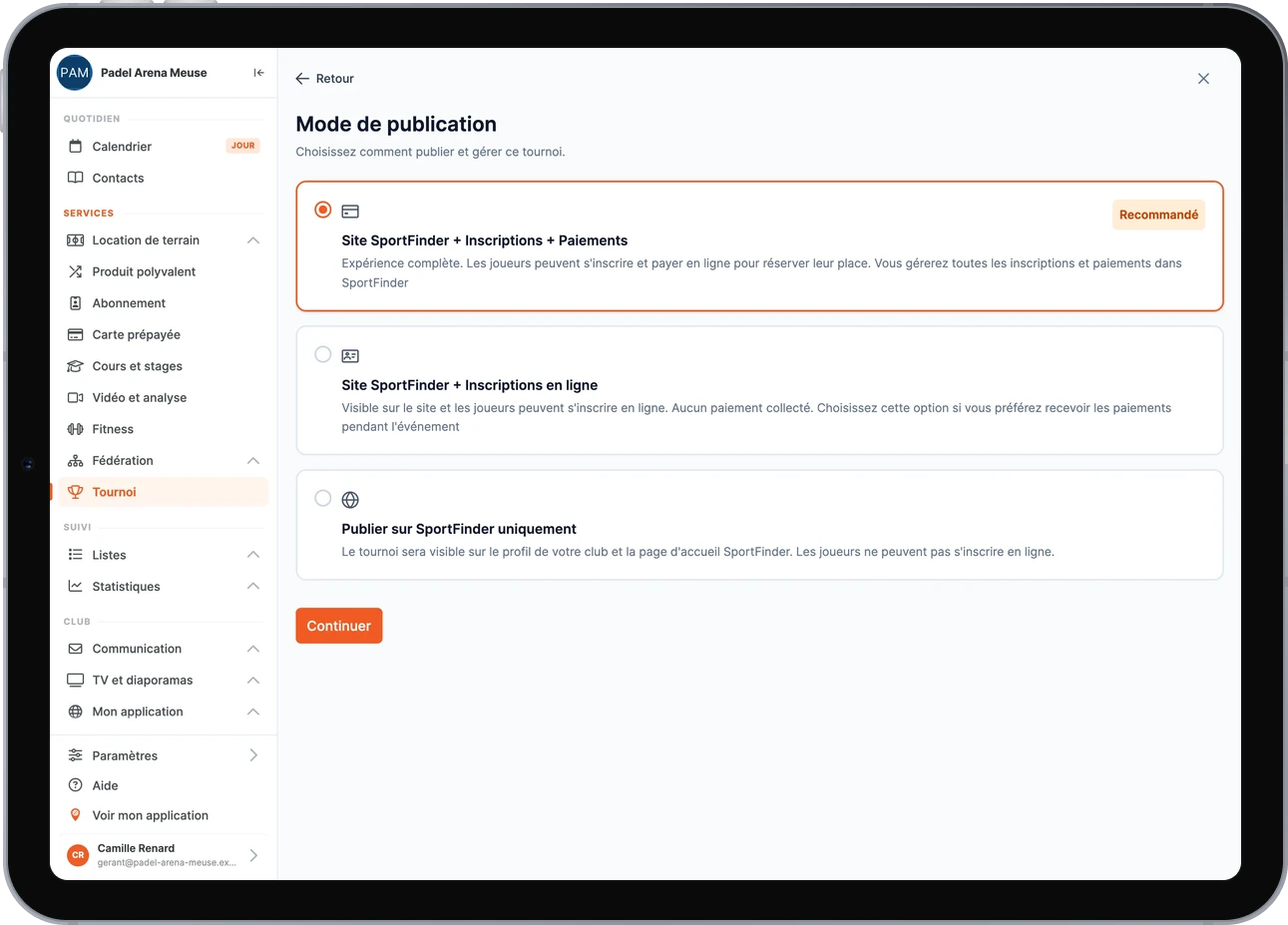 Le choix du mode de publication d'un tournoi dans le back-office SportFinder